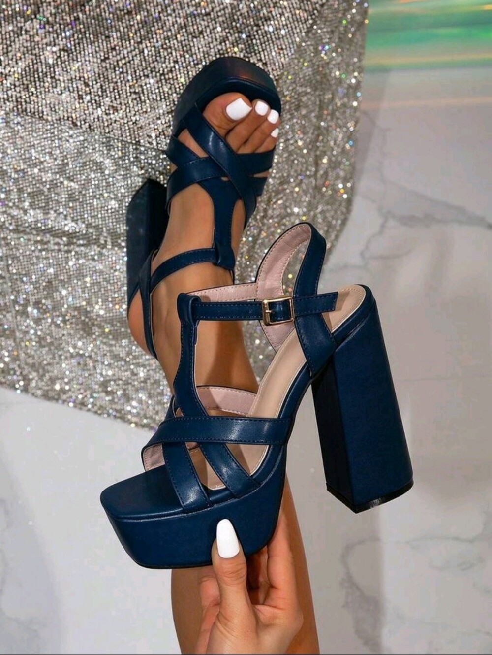 Women’s Dark Navy Blue Platform Block Heel Sandals